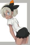  1girl bea_(pokemon) bent_over black_hairband blue_eyes bow_hairband collared_shirt cowboy_shot dark_skin dark_skinned_female from_behind grey_hair gym_leader hair_between_eyes hairband hands_on_legs looking_back miniskirt nyonn24 open_mouth pokemon pokemon_(game) pokemon_swsh shirt short_hair skirt smile solo 