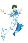  1boy blue_eyes boots full_body green_hair highres ice_skates idol_clothes jacket king_of_prism king_of_prism:_shiny_seven_stars knee_boots looking_at_viewer male_focus official_art open_mouth outstretched_arms pants pretty_rhythm pretty_series second-party_source short_hair simple_background skates smile solo spread_arms standing tachi-e takahashi_minato transparent_background white_footwear white_jacket white_pants 