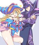  1boy 1girl bangs blonde_hair blue_headwear breasts cape closed_mouth crossed_arms dark_magician dark_magician_girl dress duel_monster facial_mark gauntlets green_eyes hair_between_eyes hat heart highres leg_up long_hair misaka_(missa) one_eye_closed open_mouth pink_cape purple_hair purple_headwear sidelocks simple_background wizard_hat yu-gi-oh! 