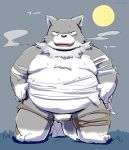  2021 anthro belly black_nose blush canid canine canis fur grey_body grey_fur hi_res japanese_text kemono male mammal moon multicolored_body multicolored_fur night outside overweight overweight_male solo text two_tone_body two_tone_fur wanisuke white_body white_fur wolf 