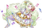 1girl closed_mouth commentary_request cowboy_shot dress forehead_jewel frilled_dress frills green_hair headphones holding holding_scepter jewlie_(pripara) long_hair looking_at_viewer low-tied_long_hair pretty_series pripara priticket puffy_short_sleeves puffy_sleeves purple_eyes scepter short_sleeves simple_background smile solo standing translation_request very_long_hair white_background yadehi 