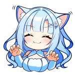  1girl :3 animal_ears blue_hair blunt_bangs blush breasts cat_ears chibi claw_pose cleavage_cutout closed_eyes closed_mouth clothing_cutout commentary_request cropped_torso ear_wiggle hair_ornament hands_up highres kemonomimi_mode large_breasts long_hair long_sleeves luck_(luck_niconico) shoulder_cutout simple_background smile solo upper_body voicevox white_background whitecul 