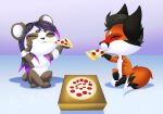  anthro arts-la-huska black_hair blue_hair canid canine chibi cute_expression duo eating eyes_closed facial_markings female food fox fur giant_panda hair happy head_markings hi_res husband_and_wife looking_pleasured male male/female mammal markings married_couple multicolored_body peach_panda pizza purple_hair red_body red_fur redrick_(erickredfox) romantic_couple simple_background two_tone_body ursid 