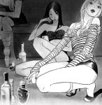  3girls absurdres alcohol bare_shoulders between_fingers between_legs bottle cellphone cigarette closed_mouth couch dress greyscale hair_over_one_eye hand_between_legs hand_on_own_face hand_up head_tilt high_heels highres holding holding_cigarette knee_up lipstick long_hair looking_at_viewer makeup midriff monochrome multiple_girls nail_polish oddxegg0 off-shoulder_shirt off_shoulder on_floor original out_of_frame parted_lips pencil_skirt phone shirt short_dress sitting skirt sleeves_past_wrists socks squatting stiletto_heels strapless striped_clothes striped_shirt swept_bangs table 