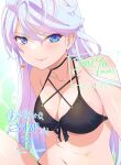  1girl bikini black_bikini blue_eyes blush breasts character_request cleavage commentary_request copyright_request heart highres inoue_sora long_hair looking_at_viewer medium_breasts navel smile solo swimsuit upper_body white_hair 