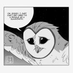 avian barn_owl bird black_eyes dialogue feathers feral gradient_background guardians_of_ga&#039;hoole hi_res kabuki-aku male monochrome night owl simple_background sky solo soren_(gogh) star starry_sky tyto tytonid white_body white_feathers