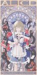  1girl absurdres ace_(playing_card) ace_of_diamonds ace_of_hearts alice_(black_souls) animalization apron armor bandersnatch_(black_souls) black_souls blue_bow blue_dress blueberry bow cake cake_slice card character_name cheshire_cat_(black_souls) chess_piece chxulozsx closed_eyes closed_mouth club_(shape) collared_dress cookie cowboy_shot crown diamond_(shape) dodo_(black_souls) dormouse_(black_souls) dress drink_me_potion eat_me flower food frilled_apron frilled_dress frills fruit griffy_(black_souls) grimm_(black_souls) hair_bow hands_up head_wings heart highres holding holding_scissors jabberwock_(black_souls) jewelry king_(chess) lily_(flower) lorina_(black_souls) march_hare_(black_souls) margaret_von_tyrol_(black_souls) mock_turtle_(black_souls) mushroom node_(black_souls) playing_card puppet puppet_rings puppet_strings queen_(chess) raspberry red_flower red_rose ring rose saturn_symbol scissors shisha_(black_souls) snowman solo spade_(shape) spoilers strawberry tarot tentacles the_world_(tarot) two_of_clubs two_of_spades waist_bow white_apron white_flower wings wrist_cuffs 