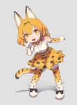  1girl :3 :d animal_ear_fluff animal_ears bangs bare_shoulders black_bow blush boots bow bowtie commentary_request elbow_gloves eyebrows_visible_through_hair fang gloves grey_background hand_up kemono_friends kinkitsu1824 leaning_forward looking_at_viewer open_mouth orange_eyes orange_hair paw_pose serval_(kemono_friends) serval_ears serval_print serval_tail shirt short_hair simple_background smile solo standing tail thighhighs white_shirt 