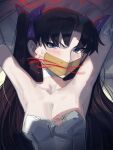 1girl arms_up bare_shoulders black_hair blue_eyes blush breasts cad_(caddo) cleavage fate/stay_night fate_(series) gag highres improvised_gag long_hair looking_at_viewer medium_breasts parted_bangs solo tape tape_gag tohsaka_rin 