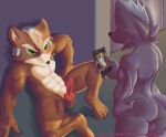  anthro armor balls butt canid canine canis digital_media_(artwork) duo erection fox fox_mccloud genitals headgear helmet hi_res k9player_(artist) looking_at_another looking_back male male/male mammal nintendo nude penis phone recording sitting star_fox video_games wolf wolf_o&#039;donnell 