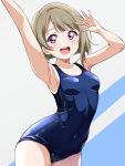  1girl :d arm_up armpits bare_arms black_one-piece_swimsuit blunt_bangs blunt_ends bob_cut borgbutler breasts brown_hair cleavage collarbone commentary_request covered_navel grey_background highres love_live! love_live!_nijigasaki_high_school_idol_club nakasu_kasumi old_school_swimsuit one-piece_swimsuit open_mouth purple_eyes school_swimsuit school_uniform short_hair simple_background small_breasts smile solo standing swimsuit teeth upper_teeth_only 