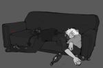  1girl boots bottle closed_eyes couch demon demon_girl demon_horns demon_tail drunk grey_background greyscale helltaker highres horns malina_(helltaker) monochrome on_couch skirt sleeping tail thighhighs vosmon white_hair 