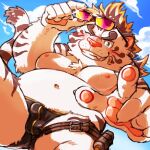  2021 anthro balls_outline belly bulge clothing eyewear felid fur genital_outline hiryuuuuuuuuu humanoid_hands kemono licho_(tas) male mammal moobs nipples one_eye_closed outside overweight overweight_male pantherine penis_outline solo sunglasses swimwear tiger tokyo_afterschool_summoners video_games white_body white_fur wink 