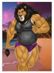 anthro athletic_wear beach border bottomwear bulge clothing exercise eyewear father_(lore) felid feline glasses gym_bottomwear gym_shorts hair jogging lion male mammal mane mane_hair musclegut muscular nipples pantherine parent_(lore) shorts solo tarolyon white_border