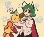  1girl :3 :d ahoge antennae black_cape cape collared_shirt commentary crossover emby_otakon english_commentary flower flower_on_head highres mario_(series) open_mouth orb shirt smile touhou white_shirt wiggler wriggle_nightbug yellow_background yin_yang yin_yang_orb 