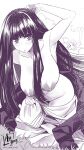  1girl arms_up aya_yanagisawa bare_shoulders blunt_bangs blush breasts collarbone dress fern_(sousou_no_frieren) frieren greyscale highres hime_cut large_breasts long_hair looking_at_viewer monochrome nipples nude parted_lips partially_submerged solo sousou_no_frieren steam very_long_hair 