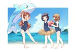  3girls arms_up ball bangs barefoot beach beachball black_hair black_swimsuit blue_sky blurry blurry_background brown_eyes brown_hair cloud cloudy_sky covered_navel day depth_of_field english_commentary eyebrows_visible_through_hair hair_bobbles hair_ornament holding holding_ball holding_innertube horizon idolmaster idolmaster_million_live! inflatable_orca inflatable_toy innertube looking_at_another looking_back multiple_girls nakatani_iku ocean one-piece_swimsuit one_side_up oogami_tamaki open_mouth outdoors outside_border short_hair sky smile standing standing_on_one_leg suou_momoko swimsuit toma_(shinozaki) watermelon_beachball 