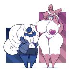 1:1 2022 anthro asian_clothing big_breasts blue_body blue_clothing blue_fur blue_hair blue_jacket blue_shirt blue_topwear bow_(anatomy) breasts clothing dewbber digital_media_(artwork) duo east_asian_clothing eeveelution felid feline female fur generation_6_pokemon hair heart_maebari heart_pasties hi_res huge_breasts jacket japanese_clothing maebari mammal meowstic multi_tail navel nintendo pasties pink_hair pokemon pokemon_(species) shirt simple_background sylveon tail thick_thighs topwear unknown_character white_body white_fur