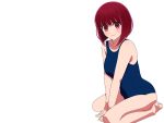  1girl arima_kana barefoot blue_one-piece_swimsuit bob_cut breasts inverted_bob medium_breasts negative_space one-piece_swimsuit oshi_no_ko red_eyes red_hair school_swimsuit seiza short_hair simple_background sitting solo swimsuit user_hdsm2884 v_arms white_background 