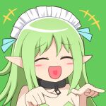  +++ 1girl black_souls blue_bow blush_stickers bow chain closed_eyes collar green_background green_hair green_leotard hair_bow happy_tears laughing leaf_(black_souls) leotard long_hair maid_headdress open_mouth pointing pointing_to_the_side pointy_ears sidelocks simple_background smile solo tears udododo very_long_hair 