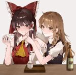  2girls absurdres ascot bare_shoulders black_vest blonde_hair blush bottle bow braid brown_eyes brown_hair closed_mouth detached_sleeves food hair_between_eyes hair_bow hair_tubes hakurei_reimu hanaya_(fleur) highres holding holding_food kirisame_marisa long_hair multiple_girls onigiri red_bow ribbon-trimmed_sleeves ribbon_trim shirt short_sleeves sidelocks single_braid smile touhou vest white_shirt wide_sleeves yellow_ascot yellow_eyes 