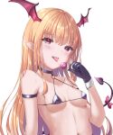  1girl arm_strap bare_shoulders bikini black_bikini black_choker black_gloves blonde_hair bow breasts candy choker demon_girl demon_tail food gloves granblue_fantasy halterneck hand_up head_wings highres holding lollipop long_hair looking_at_viewer micro_bikini navel oz-da-yon pointy_ears red_eyes saliva saliva_trail skindentation small_breasts solo string_bikini sweat swimsuit tail tail_bow tail_ornament tongue tongue_out transparent_background upper_body vampy 