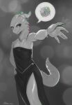  absurd_res anthro blush clothing dress female geeswest hi_res horn kobold looking_at_viewer monochrome scalie solo urza_(the7thprimarch) 