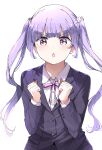  1girl blazer blush chestnut_mouth clenched_hands collared_shirt dress_shirt highres jacket long_hair long_sleeves new_game! nyoijizai purple_eyes purple_hair shirt simple_background solo suzukaze_aoba twintails white_background white_shirt 