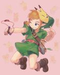  belt blonde_hair boots clothing elf footwear hair hi_res humanoid humanoid_pointy_ears hylian korok light_body light_skin majora&#039;s_mask male mask nintendo not_furry olxexlo one_eye_closed ranged_weapon shirt simple_background slingshot smile solo the_legend_of_zelda topwear tunic weapon wink young_link 