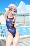  1girl absurdres ahoge armpits blue_one-piece_swimsuit blue_sky breasts clothes_writing cloud commentary_request competition_swimsuit contrapposto covered_navel day grey_hair highleg highleg_swimsuit highres lane_line one-piece_swimsuit original outdoors pool pool_ladder poolside red_eyes short_hair sky small_breasts smile solo string_of_flags swimsuit takafumi tomboy variant_set 