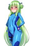  1girl :o blue_bodysuit blush bodysuit cosplay green_hair highres long_hair metroid murasame_(senren) pink_eyes samus_aran samus_aran_(cosplay) senren_banka simple_background solo very_long_hair white_background yuzu-soft zero_suit zirba 