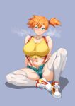  1girl absurdres alternate_breast_size aqua_eyes blue_background blue_eyes blue_shorts blush breasts collarbone commentary_request covered_nipples denim denim_shorts hair_ornament highres huge_breasts large_breasts looking_at_viewer misty_(pokemon) navel orange_hair plump pokemon pokemon_(anime) pokemon_(classic_anime) ranhatu shirt shoes short_hair shorts side_ponytail simple_background sitting sneakers solo suspender_shorts suspenders taut_clothes taut_shirt thighhighs thighs white_thighhighs 