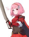  1girl armor braid cape fire_emblem fire_emblem_engage grey_hairband hairband highres holding holding_sword holding_weapon lapis_(fire_emblem) lillian8710 pink_eyes pink_hair red_armor red_cape red_hairband ribbon shoulder_armor side_braid sword two-tone_hairband weapon white_ribbon 