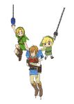 blonde_hair boots breath_of_the_wild carrying_another clothing elf eunjuragi footwear group hair heart_container_(tloz) hookshot humanoid humanoid_pointy_ears hylian light_body light_skin link male nintendo not_furry ocarina_of_time simple_background square_crossover the_legend_of_zelda toon_link trio wet wet_clothing wind_waker young_link