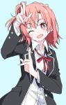  blue_background ixy long_sleeves one_eye_closed open_mouth red_eyes red_hair school_uniform shirt simple_background smile white_shirt yahari_ore_no_seishun_lovecome_wa_machigatteiru. 