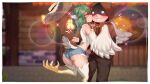  1boy 1girl ahoge ass bare_shoulders birb_(niniidawns) bird_legs bird_tail blush braid denim denim_shorts faceless faceless_male feathered_wings feathers green_hair hair_between_eyes harpy hat head_wings heart heart_ahoge highres hug kiss kissing_cheek long_hair monster_girl niniidawns non-web_source original shorts sparkle standing standing_on_one_leg straw_hat tail talons twin_braids white_feathers white_wings wide_hips wing_ears winged_arms wings 