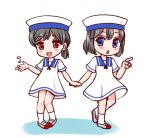  2girls black_hair blue_eyes blue_sailor_collar brown_eyes daitou_(kancolle) dress full_body hat hiburi_(kancolle) izumi_shara kantai_collection low_ponytail multiple_girls sailor_collar sailor_dress sailor_hat shoes short_hair short_ponytail short_sleeves uwabaki white_dress white_hat 