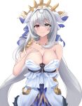  1girl alchemy_stars armpit_crease breasts cleavage closed_mouth connolly_(alchemy_stars) connolly_(aquatic_reverie)_(alchemy_stars) dress eyebrows_hidden_by_hair grey_eyes grey_hair hair_between_eyes hand_on_own_chest heterochromia highres jewelry large_breasts light_blush long_hair looking_at_viewer namomihagi010 necklace pearl_hair_ornament pearl_necklace red_eyes simple_background smile solo strapless strapless_dress twintails upper_body very_long_hair white_dress 