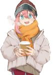  1girl absurdres bangs blue_eyes breath coffee_cup cup disposable_cup eyebrows_visible_through_hair eyes_visible_through_hair highres holding holding_cup jacket kagamihara_nadeshiko leadin_the_sky long_hair looking_at_viewer orange_scarf patterned_clothing pink_hair scarf simple_background smile solo standing white_background white_jacket woollen_cap yurucamp 