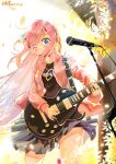  1girl absurdres blue_eyes blush bocchi_the_rock! fish_shop gotoh_hitori guitar hair_ornament highres instrument jacket long_hair microphone music one_eye_closed pink_hair pink_jacket playing_instrument pleated_skirt skirt 