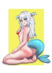  1girl ass barefoot blue_eyes breasts censored completely_nude fins fish_tail gawr_gura grey_hair hair_ornament heart heart_censor highres hololive hololive_english long_hair looking_at_viewer looking_back mikexyil nude shark_girl shark_hair_ornament shark_tail sharp_teeth small_breasts smile solo tail tan tanlines teeth two_side_up virtual_youtuber 
