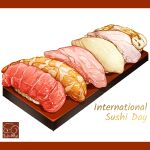  artist_logo fish_(food) food food_focus highres meat no_humans original rice sushi tray tuna yuki00yo 