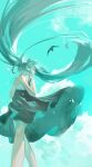  1girl bird black_dress blue_theme chi_chi3939 cloud dress hatsune_miku highres holding holding_sketchbook long_hair looking_up sketchbook sky solo the_forgotten_song_(vocaloid) twintails very_long_hair 