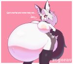  anthro big_breasts big_butt bodily_fluids breasts butt canid canine clothing collar female footwear gloves grey_hair hair handwear helluva_boss hi_res huge_breasts hyper hyper_breasts hyper_pregnancy long_hair looking_at_viewer loona_(helluva_boss) mammal pregnant pregnant_female socks solo text thick_thighs white_body zegorav 