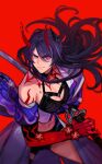  1girl acheron_(honkai:_star_rail) black_choker breasts choker commentary english_commentary hair_ornament heterochromia holding holding_sword holding_weapon honkai:_star_rail honkai_(series) horns katana midriff multicolored_hair navel purple_eyes purple_hair red_background red_eyes sethkiel simple_background single_bare_shoulder solo standing streaked_hair sword v-shaped_eyebrows weapon 