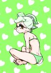  1girl ass bare_legs bare_shoulders barefoot bikini bow-shaped_hair closed_mouth cross-shaped_pupils dimples_of_venus full_body green_hair half-closed_eyes heart heart_background highres indian_style inkling koharu2.5 marie_(splatoon) pointy_ears red_pupils short_hair sitting solo splatoon_(series) striped_bikini striped_clothes swimsuit symbol-shaped_pupils tentacle_hair yellow_eyes 