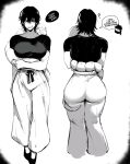  1boy 1girl ? absurdres ass breasts english_text fushiguro_megumi fushiguro_touji genderswap greyscale highres jujutsu_kaisen large_breasts masoq medium_hair monochrome muscular pants scar scar_on_face scar_on_mouth speech_bubble white_pants worm 