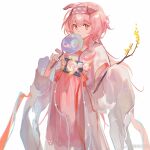  1girl alternate_costume animal_ears arknights braid cat_ears cat_girl cat_tail character_request code2_ip cowboy_shot goldenglow_(arknights) hairband hand_fan japanese_clothes kimono lightning_bolt_print long_sleeves looking_at_viewer paper_fan pink_hair simple_background solo tail uchiwa yellow_eyes 