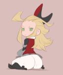  1girl ahoge ass blonde_hair boots bow bravely_default:_flying_fairy bravely_default_(series) commentary edea_lee english_commentary from_behind furrowed_eyebrows green_eyes hair_bow highres knee_boots long_hair looking_back simple_background sitting sketch solo spicy_bardo wariza wide_hips 