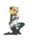 2024 4_toes 5_fingers absurd_res anthro bear biped blonde_hair blue_eyes breasts clothing feet female fingers genitals giant_panda hair hi_res holding_breast jalka kneeling latex latex_clothing latex_legwear latex_shrug_(clothing) latex_thigh_highs latex_topwear legwear looking_at_viewer mammal medium_breasts mostly_nude_anthro mostly_nude_female navel nipples on_one_knee pussy shrug_(clothing) signature simple_background solo strapon sweltering tail thigh_highs toes tongue topwear white_background 